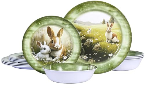 12-Piece Melamine Dinnerware Set, Lightweight Plates & Bowls Set for 4,Shatterproof Dishes for Daily Use,Picnics, Camping, & Outdoor Parties -Perfect Easter/Spring Gift & Home Decor (Green Bunny)