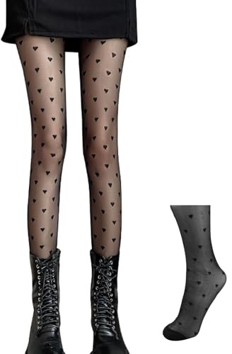 leruiyezs Collant Coeur Femme Noir Motif Coeur Fantaisie Nylon Extensible Taille Unique Respirant Collant Femme pour Tenues Quotidiennes Soirées Fêtes Mode,collant femme fantaisie motif