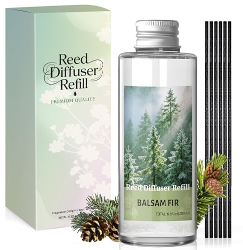 Scent-Hi Reed Diffuser Refill 200ml with 6 Rattan Sticks, Balsam Fir Scent | Long-Lasting Fresh Pine Forest Home Fragrance for Living Room, Bedroom & Bathroom