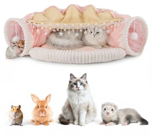 Tunnel per Gatti, Tunnel Gatto e Cuccia 3 in 1 con Giocattoli Pendenti, Tunnel Gatto Pieghevole con Tenda Rimovibile, Cuscino Lavabile, Tubo per Gatti Gioco Gattini Cani di Piccola Taglia e Conigli