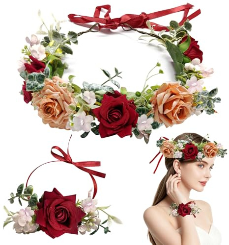 TZEKING Ghirlanda di Fiori e Bracciale Set, Corona di Fiori per Capelli con Fascia Regolabile, Coroncina per Sposa e Damigella, Adatto per Adulti e Bambini, per Matrimonio, Festa, Festival, Spiaggia