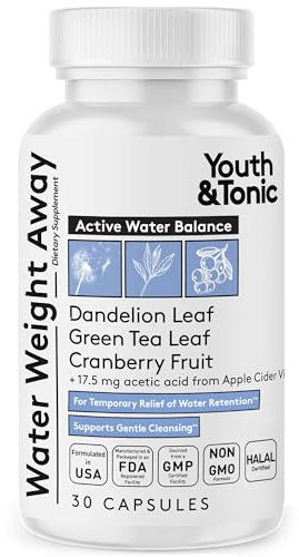 Youth & Tonic Water Pills for Fluid Retention – Water Weight Away Natural Diuretic for Bloat Relief & Fluid Balance, Support for Swollen Legs & Feet with Potassium & Vitamin B6 – 30 Pills