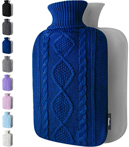 Borsa Acqua Calda - Copertura Morbida a Maglia Premium - 1,8L Grande Capienza - Boule Acqua Calda per Alleviare il Dolore, Schiena, Collo e Spalle per Calde Notti - Blu Scuro