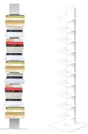 Flo.mar - Libreria a colonna verticale Bianca, Libreria Sospesa, Scaffale verticale altezza 153 cm 10 ripiani, Design da terra