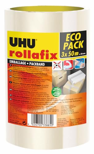 UHU Rollafix - Ruban Adhésif Transparent - Emballage, Packaging - Adhérence Elevée - Sans Solvants - Se Déchire à la Main - Lot de 3 Rubans de 50 m x 50 mm