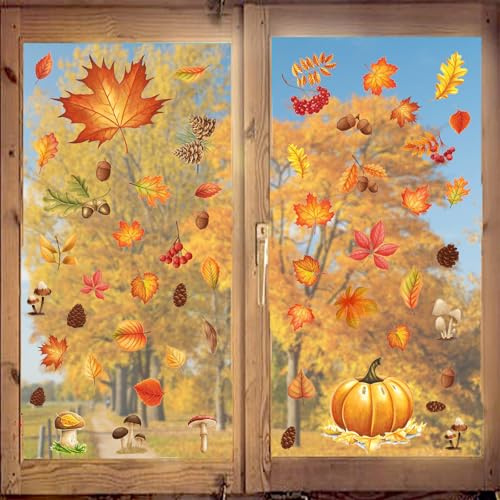 Afmivs Fall Window Clings for Glass Windows Thanksgiving, 71pcs Autumn Window Clings Maple Leaf Pumpkin Nuts Window Stickers Decals Decor, 7 Sheets Fall Decorations for Classroom Office Home Clearance