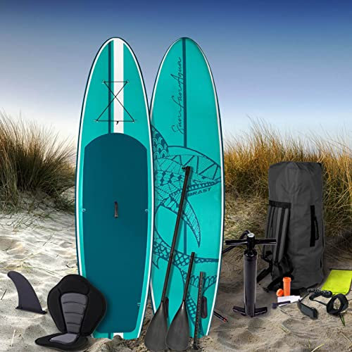 BRAST® SUP Board Shark | Aufblasbares Stand up Paddle Set | 320x81x15cm | 8 Designs | 5 Jahre Garantie | inkl. Sonderzubehör | 2in1 Paddel Kajak-Sitz Action-Cam-Halterung Fußschlaufe Pumpe Rucksack