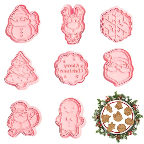 SPEACOUR 8 PCS Christmas Cookie Cutters Plastic Christmas Cookie Stamp Cartoon Fun Biscuit Moulds 3D Embossed Pastry Cutter -Gingerbread Man,Snowman,Christmas Tree,Santa Claus,Reindeer,Merry Christmas