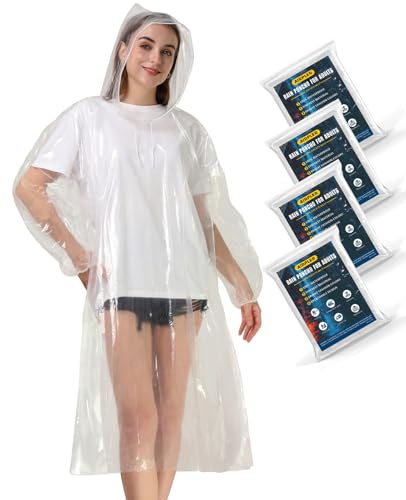 Airpler Rain Ponchos for Adults, Disposable 4-Pack Clear Family Ponchos, Emergency Ponchos with Hood for Travel & Outdoor