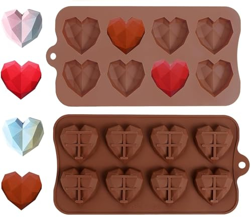 LFBEST Lot de 2 Moules à Pâtisserie en Forme de Cœur - Silicone 3D Diamant, 8 Cavités pour Chocolat et Gâteau