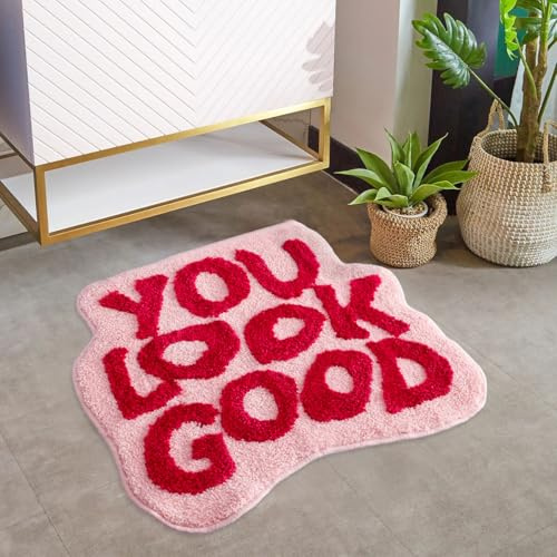 Urtlmaji You Look Good badrumsmatta badrumsmattor roliga söta badmattor halkskydd mikrofiber plysch Preppy liten cool duschmatta tvättbar absorberande golvmatta för badkar handfat 63 cm x 53 cm röd