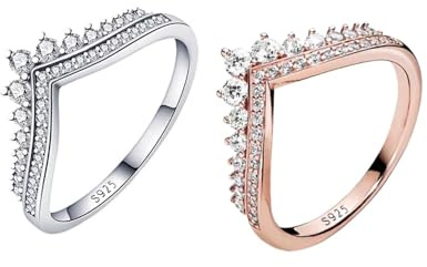 TOFBS 2 Anillos Corona V Chevron Plata S925 con Circonitas Apilables Wishbone Elegantes Joyería Fina