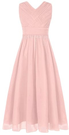 CHICTRY Girls' Beaded Chiffon Sleeveless Beaded Wedding Junior Bridesmaid Dance Prom Party Dress Pink 11-12 Years