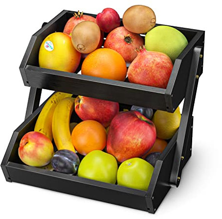 CALM COZY Soporte de bambú para Cesta de Frutas, 2 Niveles Estante para Frutas,Cesta de Almacenamiento de Pan, Soporte para Verduras para encimera de Cocina, Negro