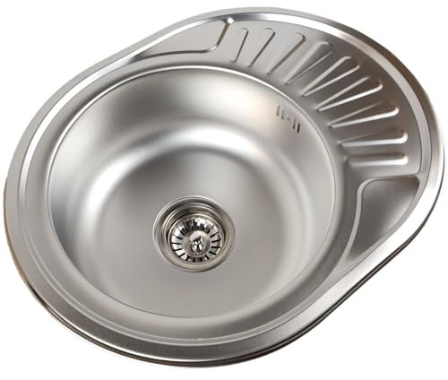 ANW HOME Stainless Steel Kitchen Sink with Drainer 57x45 cm with Siphon, Small Round Washbasin, Mikro Decor Topmount Single Bowl