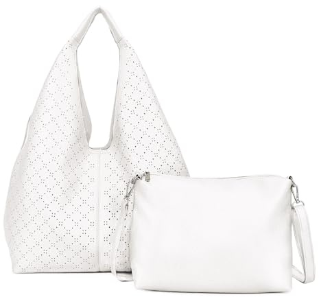 ANGELO Borsa a Spalla da Donna, Borsa a Sacca con Fori Grande Capiente, Inclusa Borsetta a Tracolla Regolabile, Shopping Bag in Pelle PU per Lavoro, Ufficio, Viaggio, Primavera Estate (Bianco)
