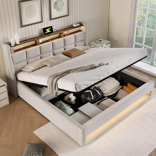DEKKETO Boxspringbett mit Stauraum, Polsterbet 180x200 Doppelbett mit LED und 2 USB-Anschluss, Hydraulisch Stauraumbett Rückenlehne Bettgestell, Lattenrost aus Holz ohne Matratze, Beige