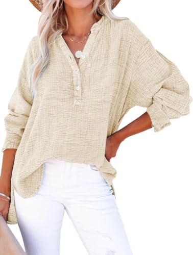 PADOLA Chemisiers et Blouses Femme Gaze de Coton Chemisier Femme Chic et élégant Chemise Henley Manches Roulées Décontracté Tunique Bouton Blouse Couleur Uni Tee Shirt été Haut Top (3 Beige, L)