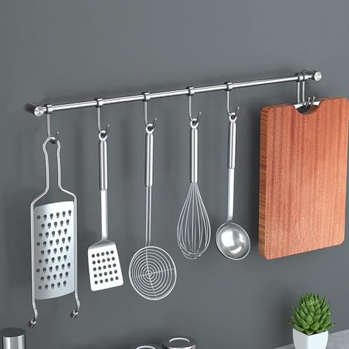 Luabue Porta Utensili da Cucina Parete Inox Portautensili da Cucina in Acciaio Inox da Appendere Barra da Cucina Portautensili con 7 Gancio Barra Porta Utensili da Cucina 40 cm Argento