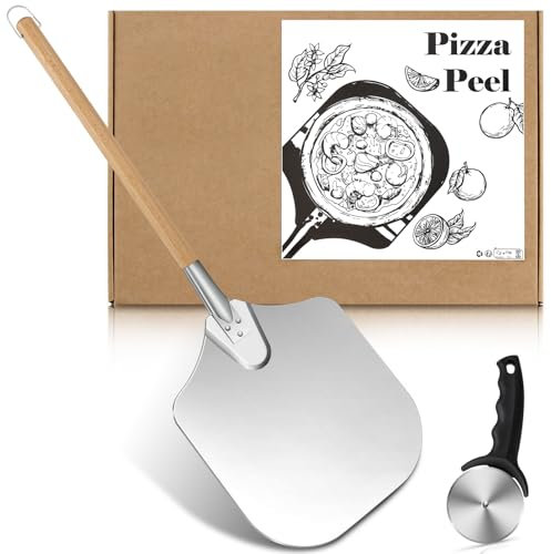 Pleafind Pizzaschieber Aluminium Pizzaschaufel, Antihaft-Pizzaschieber 12 Zoll mit faltbarem Holzgriff für einfache Lagerung, Pizzaofen-Zubehör mit Edelstahl-Pizzaschneiderad zum Backen von Pizzen