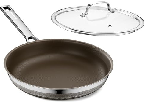 Innerwell Poêle à Frire en Céramique 24 cm avec Couvercle, Poêle à Induction avec Antiadhésif en Titane, Poêle Anti-rayures en Acier Inoxydable Tri-ply, Sans PFOA, Marron