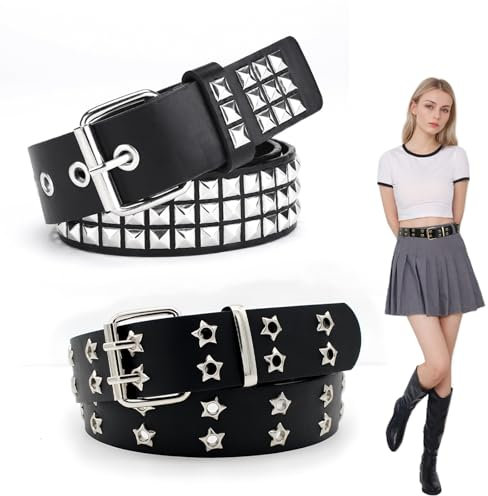 SJDOFU Punk Rivet Studded Belt, 2 PCS Punk Belt with Bright Pyramid Square Beads Pyramid with Star Rivets for Women Men