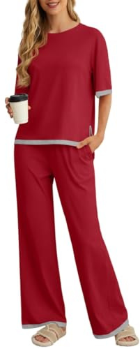 PrinStory Pyjamas For Women UK Summer Short Sleeve Pyjamas Crew Neck Nightwear Colour Clashing Side Split Loungewear Sets (Wine Red, XL)