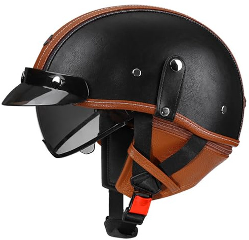 VVPEC Läderhalvhjälm tysk stil retro motorcykelhjälm godkänd DOTECE män kvinnor vintage öppen hjälm halvskal keps mopedhjälm for chopper cruiser skoter(7,M=57~58cm)