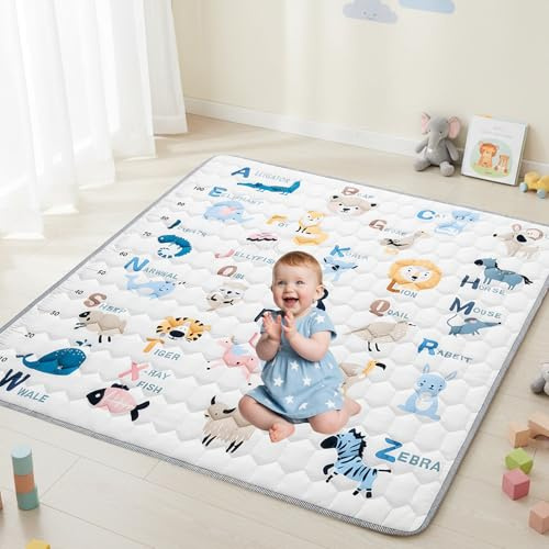 Baby Play Mat,Foldable Kids Play mat,Cotton Padded Baby Play Mats for Floor 127x127cm,Soft Baby Crawling Mat, Animal Print Non-Slip Baby Activity Playmat for Indoor & Outdoor