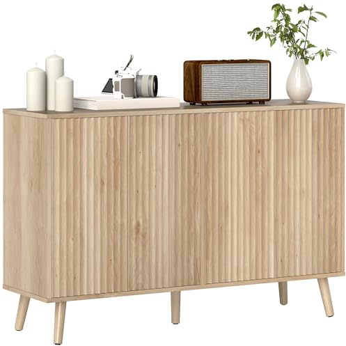 HOMCOM Buffet Salon, Meuble de Rangement avec 4 Portes cannelés à Ouverture par Pression et étagères réglables, Style scandinave, pour Salle à Manger et Cuisine, 120 x 35 x 77,5 cm, chêne