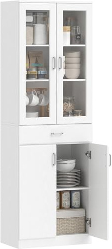 HOMCOM Buffet Haut Cuisine, Armoire de Cuisine, vaisselier, 4 Portes Dont 2 en Verre, tiroir, étagères réglables, Fermeture amortie, Meuble de Rangement pour Salon, Salle à Manger, 60x35x180cm, Blanc