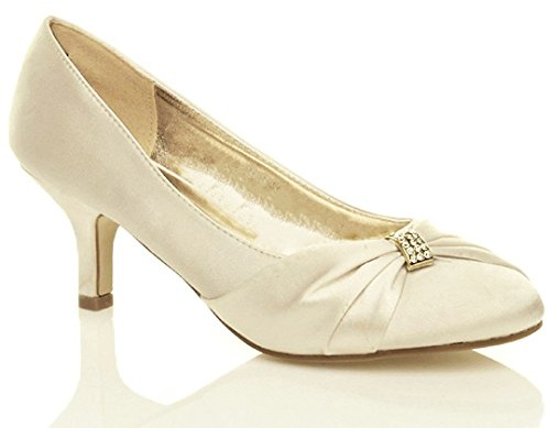 Womens Satin Heels Wedding Bridal Bridesmaid Shoes Diamante Buckle Stiletto Low Mid Heel Slip On Court Shoes Closed Toe Evening Party Prom Formal Black White Silver Navy