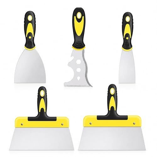 Juego de espátula y raspador multiusos, paquete de 5, hoja de acero inoxidable con mango antideslizante, adecuado para paredes, pintura, papel tapiz, masilla, herramientas de pintura,