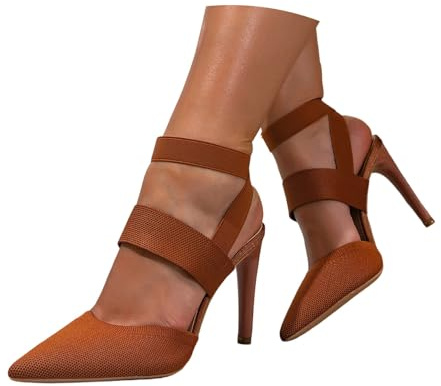 Genérico Tacones de Aguja Mujer Malla Punta Afilada Parte Trasera Abierta Correa Tobillo Zapatos Elegantes (Brown, 41)