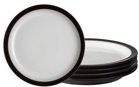 Denby - Elements Medium Black Plates Set of 4 - Dishwasher Microwave Safe Crockery 22cm - Black, White Ceramic Stoneware Tableware - Chip & Crack Resistant Lunch Plates