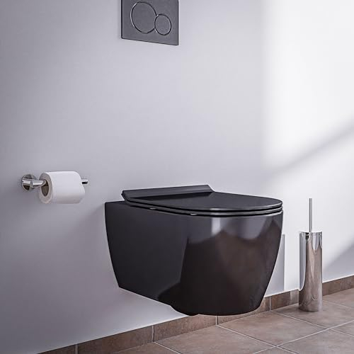 Bernstein Wand Hänge WC NT2039 Schwarz glänzend, Toilette ohne Spülrand, Nano-Beschichtung, Tiefspül-WC, Absenkautomatik (Softclose), WC-Sitz mit Take-Off-Funktion - Superflacher Deckel