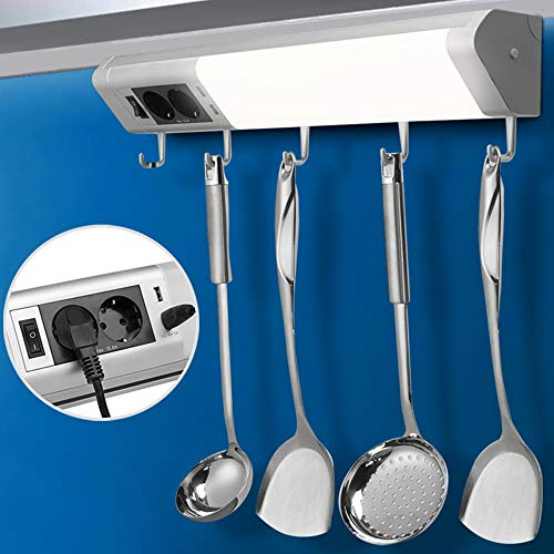 Bakaji Lampada Luce Sottopensile Cucina Multiuso 52cm Barra LED 10W 850lm Bianco Caldo 2700K con Doppia Presa Shucko + 2 USB + 5 Ganci Porta Stoviglie Faretto Slim per Mobili in Alluminio