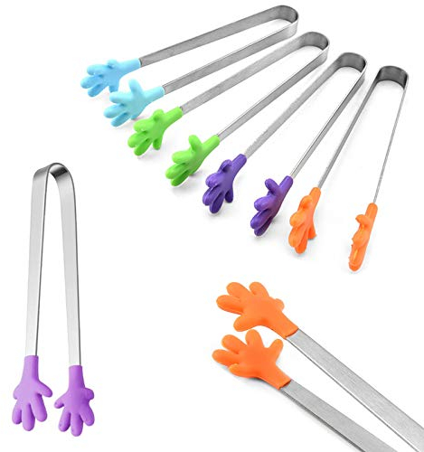 6 Stück Multifunktionale Mini Lebensmittelclip mit rutschfester Handform Silikon Edelstahl Lebensmittelzange für Süßigkeiten Grill Buffet Salat Eis