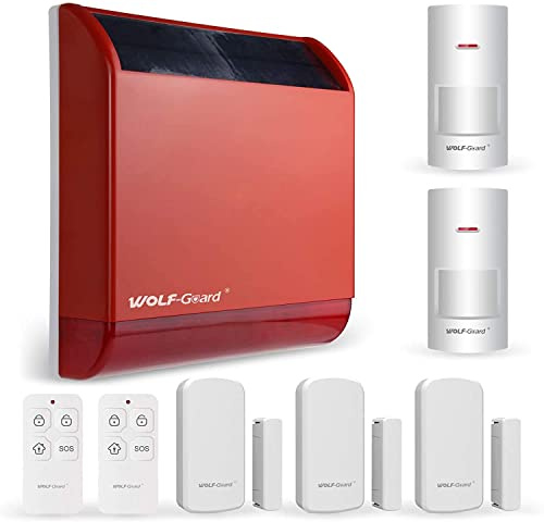 Wolf-Guard Alarma de Sirena Solar Inalámbrica 110 dB con 2 Sensores de Movimiento, 3 Sensores de Puerta y 2 Mandos a Distancia