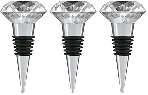 WANDIC Weinflaschenverschluss, Set mit 3 Diamant-Form, klarer Kristall, Metall, Dekoratives Glas-Weinflaschenverschluss für Bar, Party