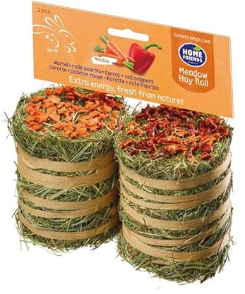 Homefriends Rotoli di fieno con carota e peperone per conigli, nani, criceti, porcellini d'India e roditori (2 pezzi - 200g). Cibo per conigli con fibra per l'usura dentale del roditore