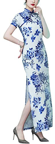Women's Vintage Maxi Cheongsam Costume Short Sleeve Mandarin Collar Chinese Traditional Side Slit Qipao Bodycon Dress (40# Blue and White Porcelain, L)