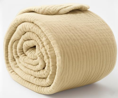KyraHome Coperta in 100% mussola di cotone biologico, 228,6 x 228,6 cm, per letto matrimoniale, pre-lavata, tinta a mano, traspirante, con frangia, per tutte le stagioni (beige chiaro/crema)