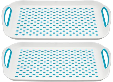 HOMESHOPA Halkfri serveringsbricka i plast, 2-pack blå rektangulär halkfri topp och botten, starkt grepp gummiyta, köksbricka för matservering, handtag med bra grepp, robust middag/dryck frukost