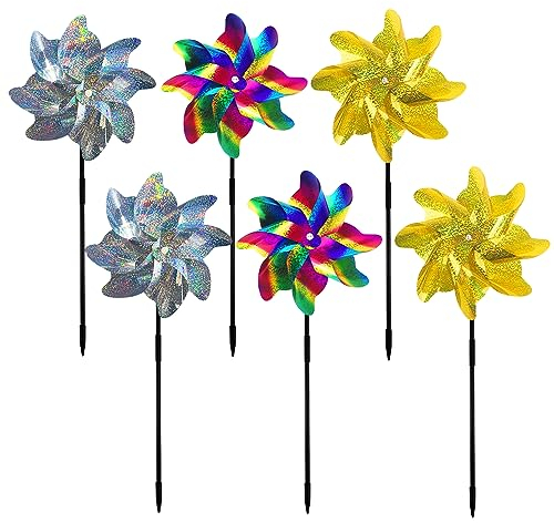 Lot de 6 moulins à vent anti-oiseaux réfléchissants pour jardin fruitier, jardin, cour, terres agricoles (or, argent, dégradé de couleur)