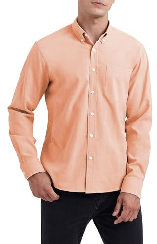 HISDERN Mens Oxford Shirt Long Sleeve Casual Button Down Dress Shirts for Formal Business Light Orange M
