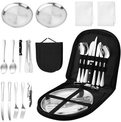 Camping Geschirr Set 2 Personen 14-teilig, Picknick Set, Edelstahl Outdoor Geschirr für Outdoor, Camping, Picknick, Grillen und Wandern