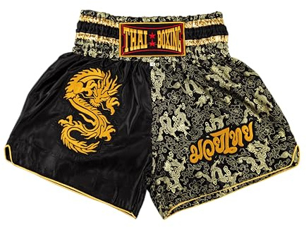 MUAY NATION Pantaloncini Muay Thai per Uomo e Donna, Pantaloncini da Boxe MMA dal Taglio Slim, Abbigliamento da Allenamento per Kickboxing (IT, Testo, L, Regular, Regular, Drago Nero)