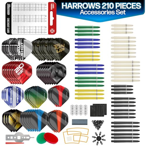 Harrows Trophy 210pc Darts Accessories Set - Amazing Bundle Includes Dart Stems, Dart Flights, Dart Rings, Dart Sharpener, Dart Tool, Flight Protector, Finger Wax, Practice Rings & FREE Checkout Card