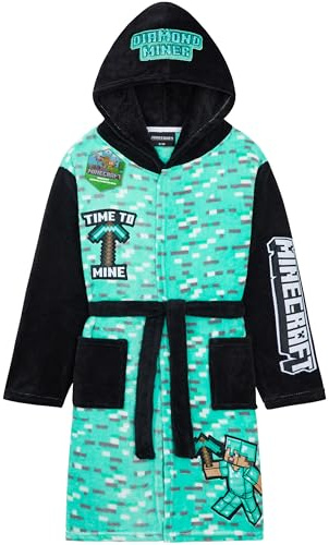Get Trend Minecraft Dressing Gown Boys & Teens, Fleece Hooded Bathrobe, Creeper Loungewear Nightwear, Gamer Gifts for Boys (11-12 Years, Green Minecraft)